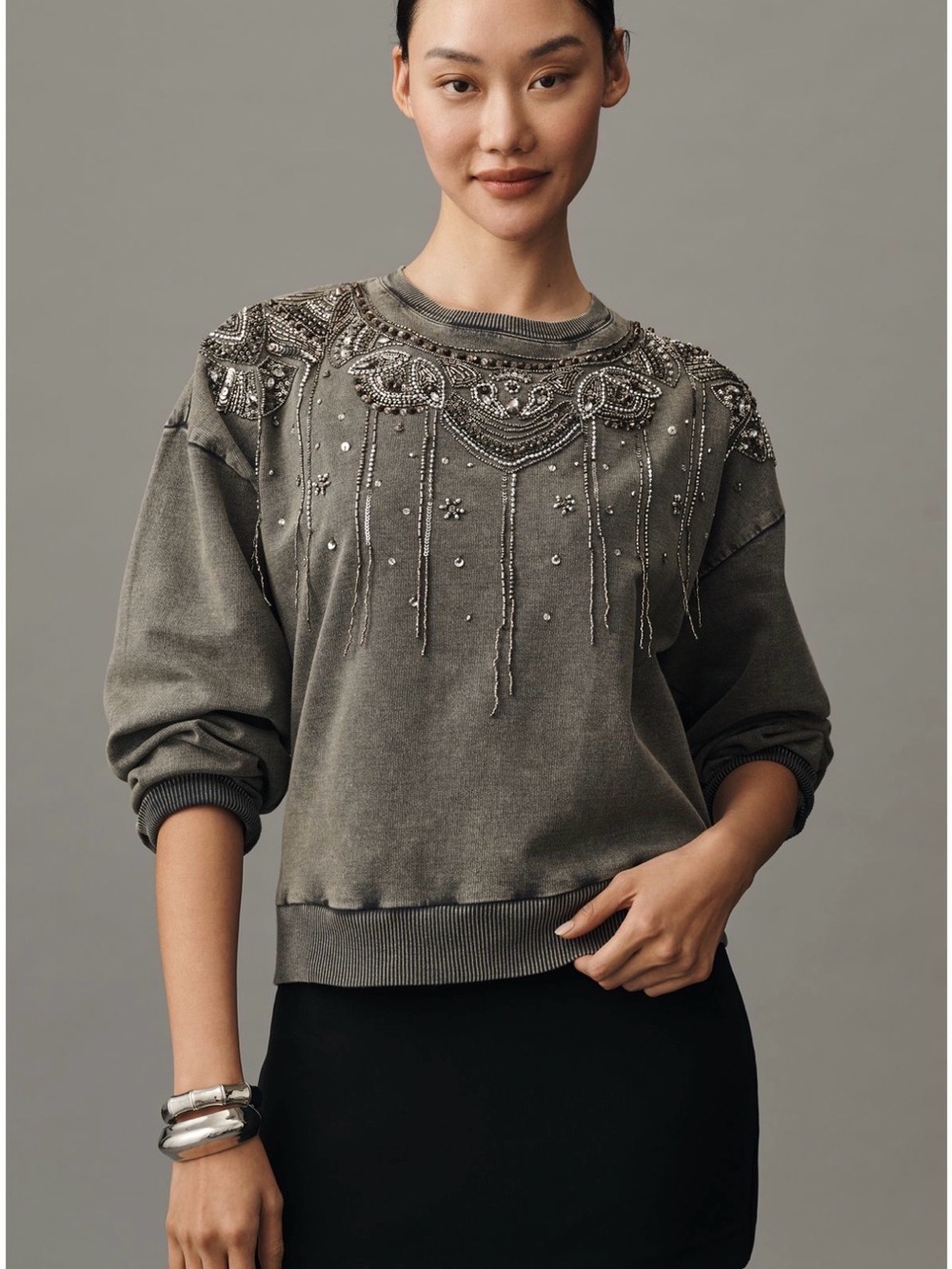 Anthropologie Pilcro Grey Beaded Embellished Crewneck Sweatshirt